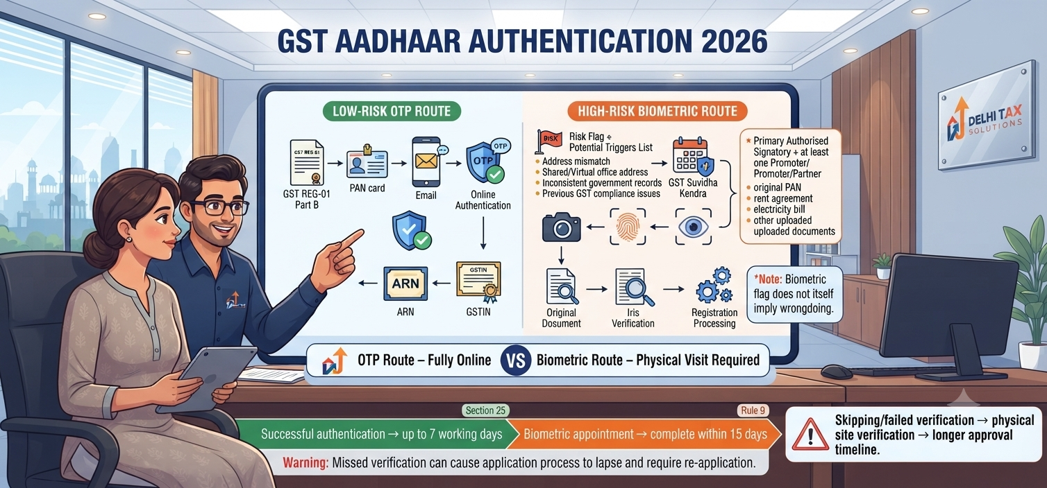 Indian Chartered Accountant explaining Aadhaar authentication for GST registration, OTP verification, biometric verification at GST Suvidha Kendra, and GST approval timelines