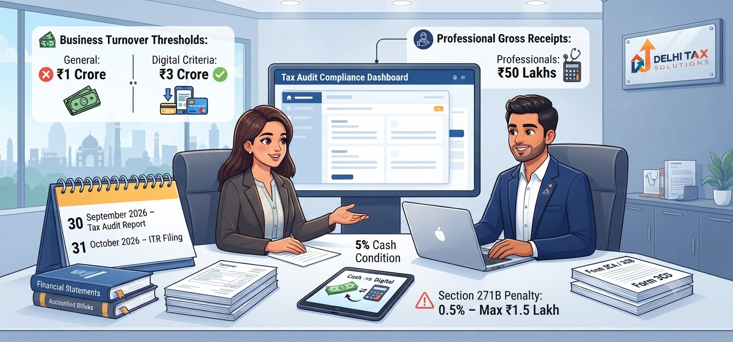 Professional Indian Chartered Accountant explaining Section 44AB tax audit thresholds, ₹1 crore and ₹3 crore business limits, ₹50 lakh professional limit, due dates, forms, and penalties.