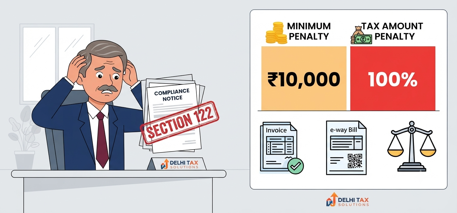 2D flat vector illustration of a business owner facing a Section 122 GST penalty notice alongside an infographic detailing GST offences and penalties.