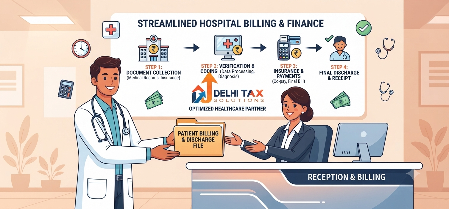 Indian hospital reception area representing GST rules and tax compliance on healthcare services.