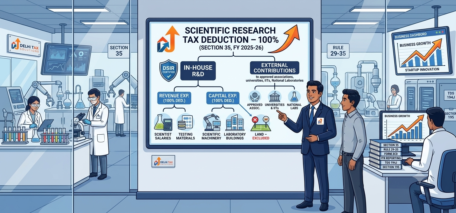 Indian Chartered Accountant explaining 100% Scientific Research Deduction under Section 35, including R&D expenses, capital assets, DSIR approval, and land exclusion