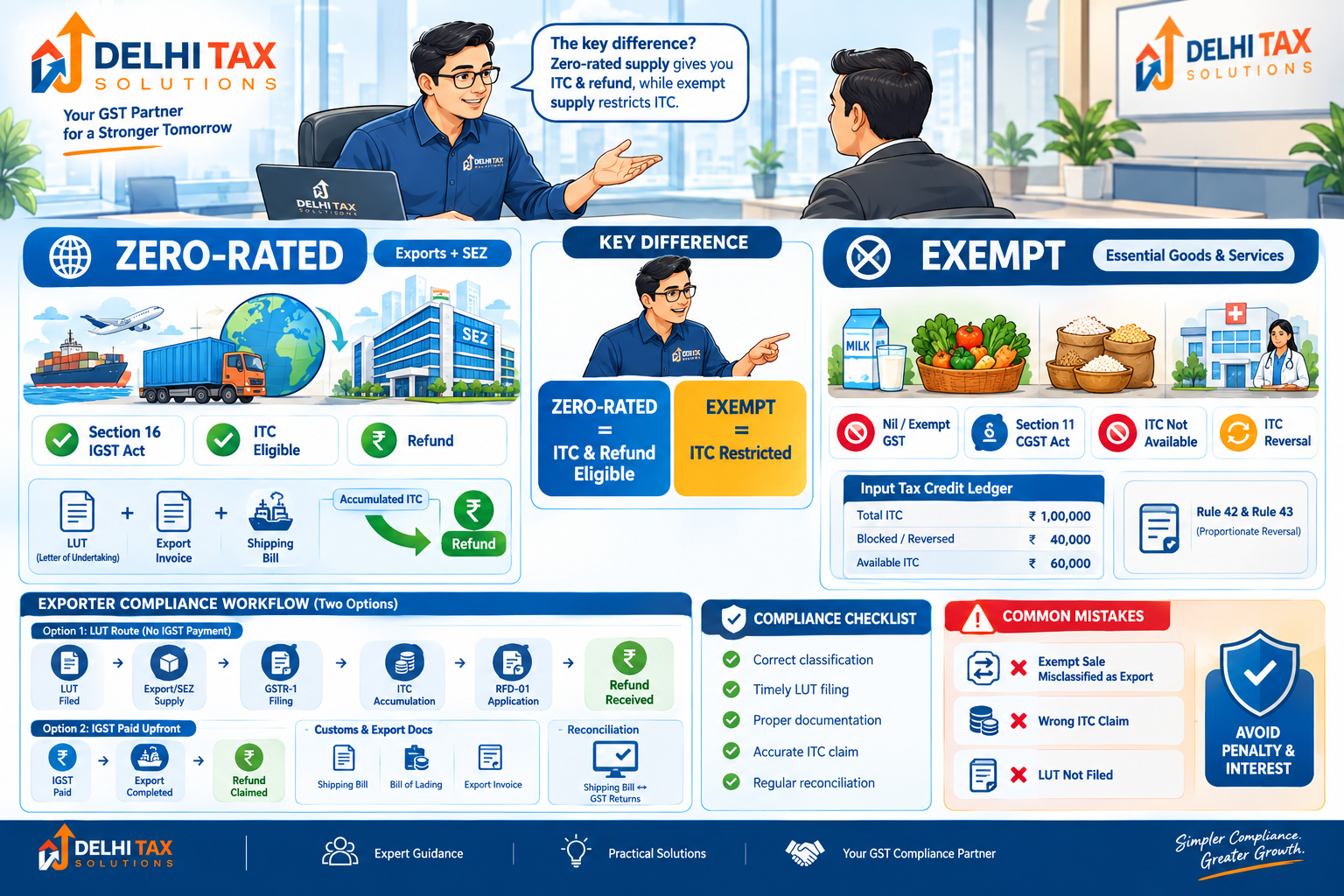 Indian Chartered Accountant explaining zero-rated and exempt supplies under GST, Section 16, Section 11, Input Tax Credit, LUT, exports, SEZ supplies, and refund eligibility