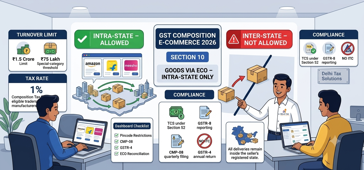 Indian Chartered Accountant explaining GST composition scheme e-commerce rules for 2026, showing intra-state online goods sales allowed, inter-state sales prohibited, turnover limits and CMP-08 compliance