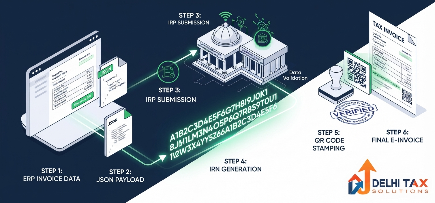 Text: Isometric vector diagram showing the generation of an e-invoice IRN and QR code via the Invoice Registration Portal.