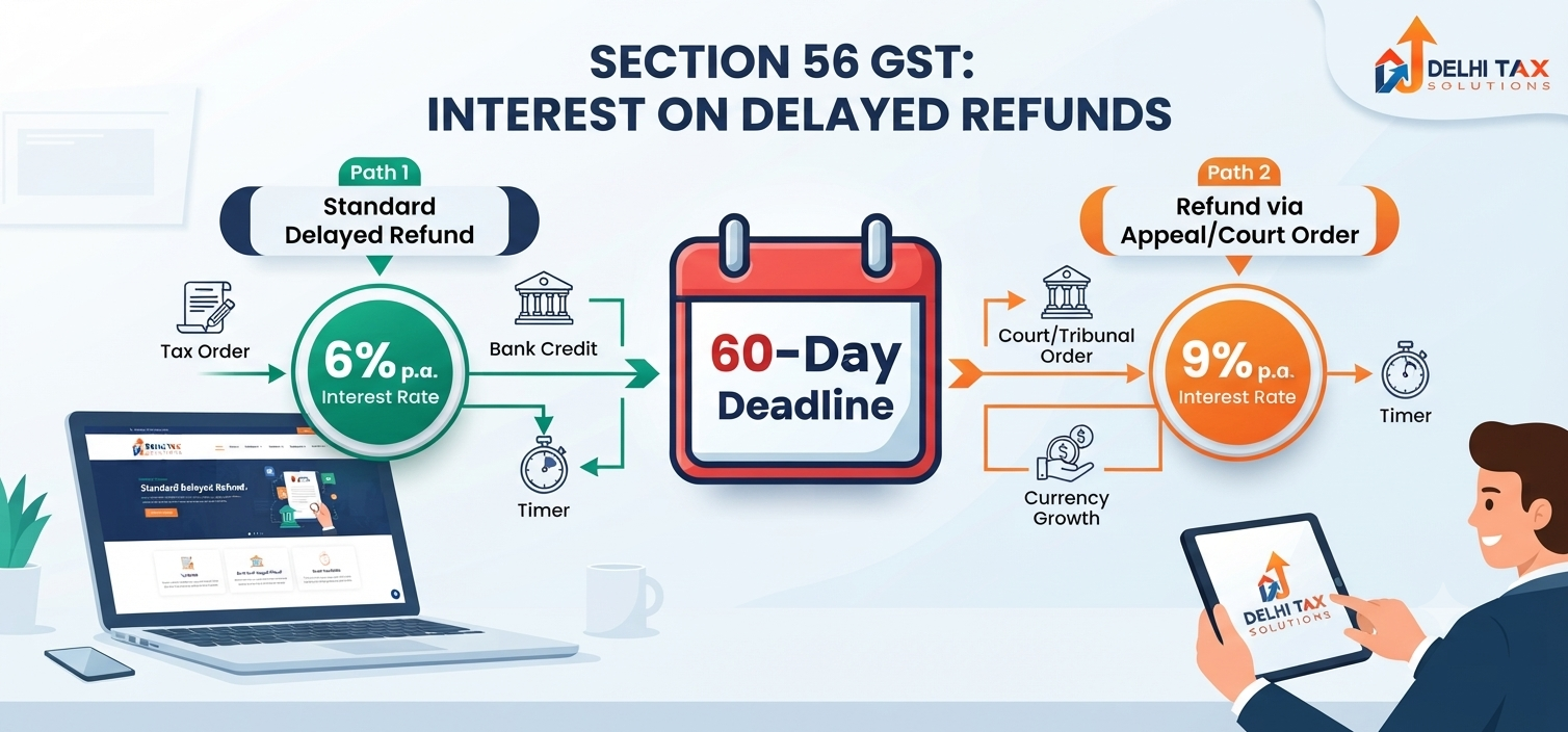 Vector infographic explaining Section 56 rules and interest rates on delayed GST refunds.