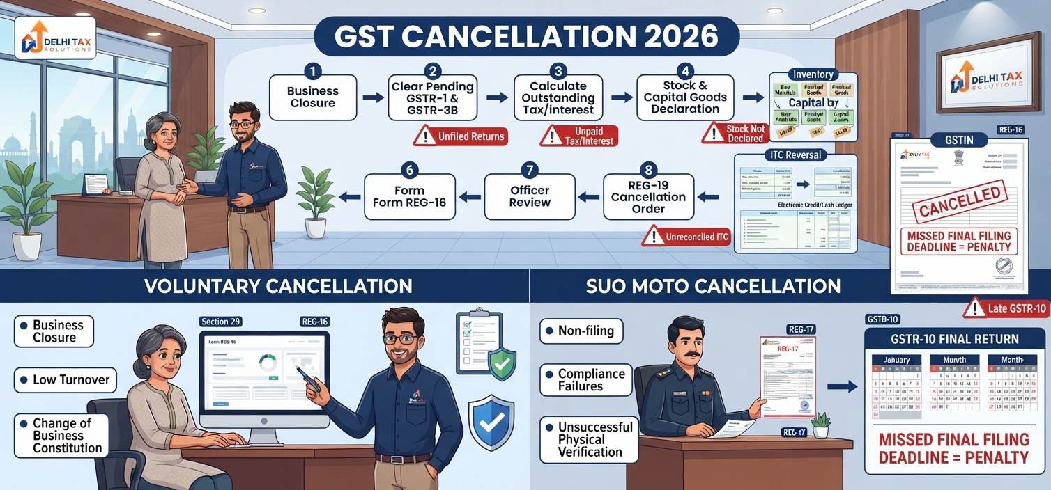 Indian Chartered Accountant explaining GST cancellation under Section 29, including voluntary and suo moto cancellation, Form REG-16, ITC reversal and GSTR-10 final return