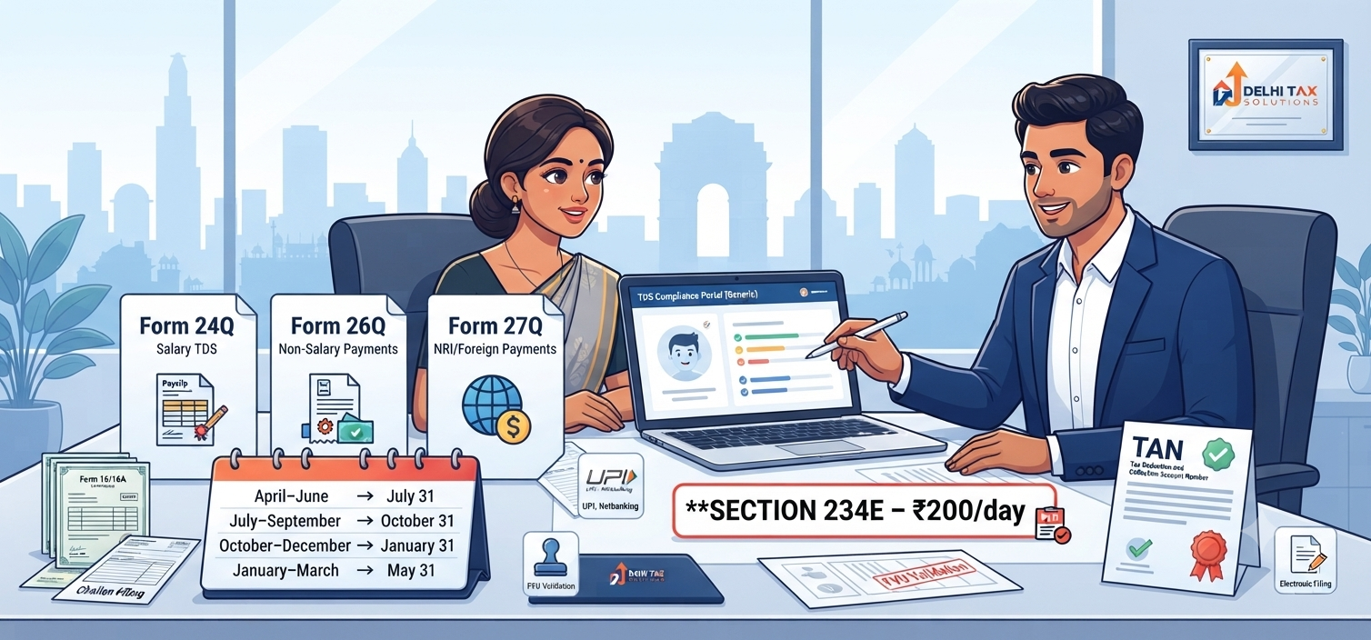 Indian Chartered Accountant explaining TDS return filing due dates 2026 with Forms 24Q, 26Q, 27Q, TAN compliance, quarterly deadlines, and Section 234E late filing penalty.