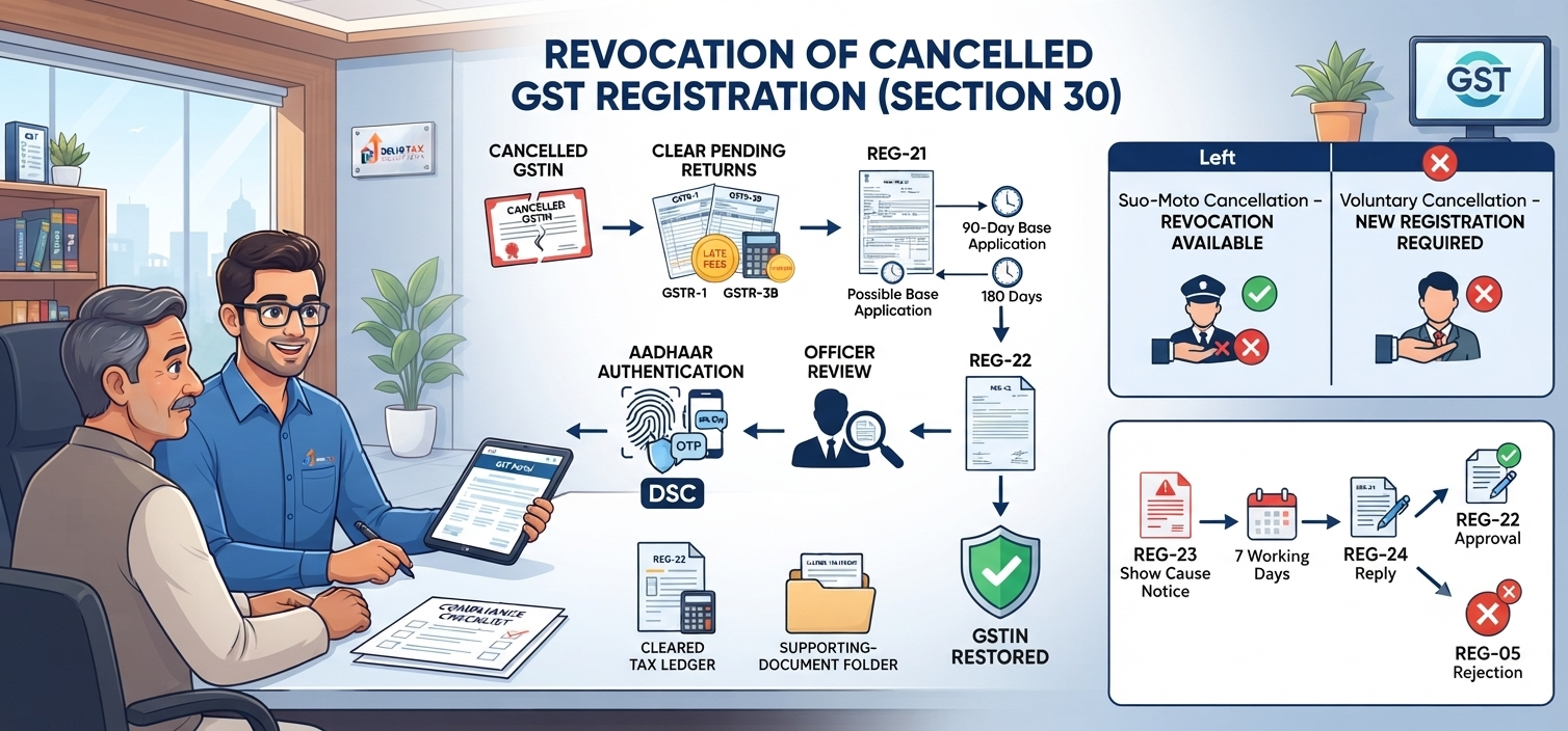 Indian Chartered Accountant explaining GST revocation under Section 30, Form REG-21, 90-day application limit, pending returns, Aadhaar authentication and REG-23 rejection process