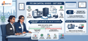 Indian Chartered Accountant explaining ITC on capital goods under GST, 100% upfront credit, Rule 43 60-month reversal, Section 16(3) depreciation restriction and Section 18(6) sale rules