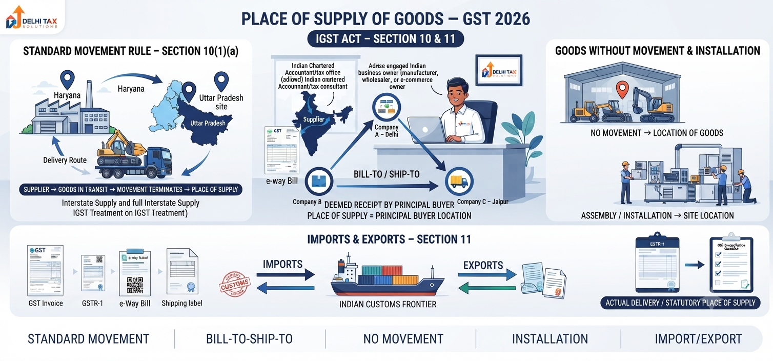 Indian Chartered Accountant explaining place of supply of goods under GST 2026, Section 10, bill-to-ship-to transactions, delivery location, installation and imports
