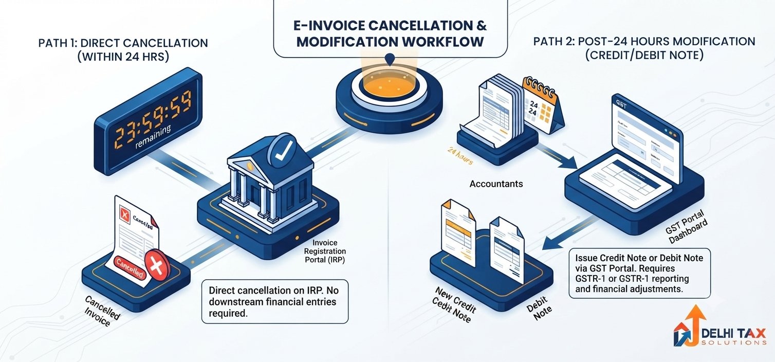 Text: Isometric diagram explaining the 24-hour IRP cancellation limit and credit note procedure for canceling or modifying e-invoices.