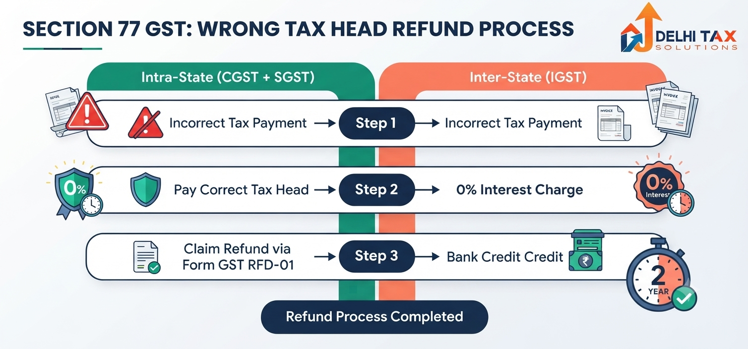 Vector infographic explaining Section 77 CGST Act refund process for intra vs inter state tax payment errors.
