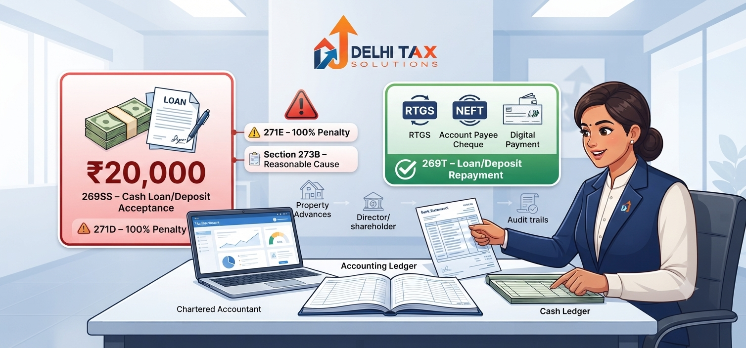 Indian Chartered Accountant explaining ₹20,000 cash loan limits under Sections 269SS and 269T, with 100% penalties under Sections 271D and 271E.