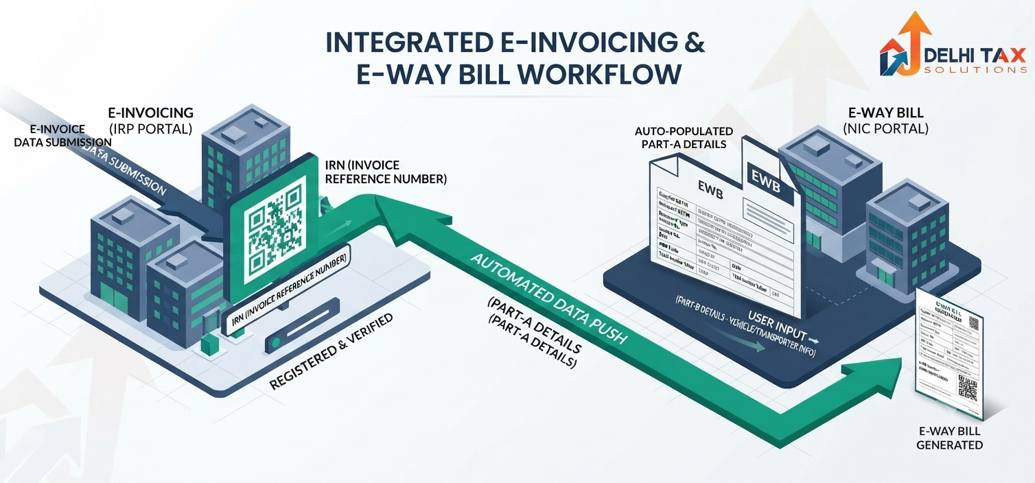 E-Invoicing vs E-Way Bill comparison diagram showing IRP to NIC portal integration.