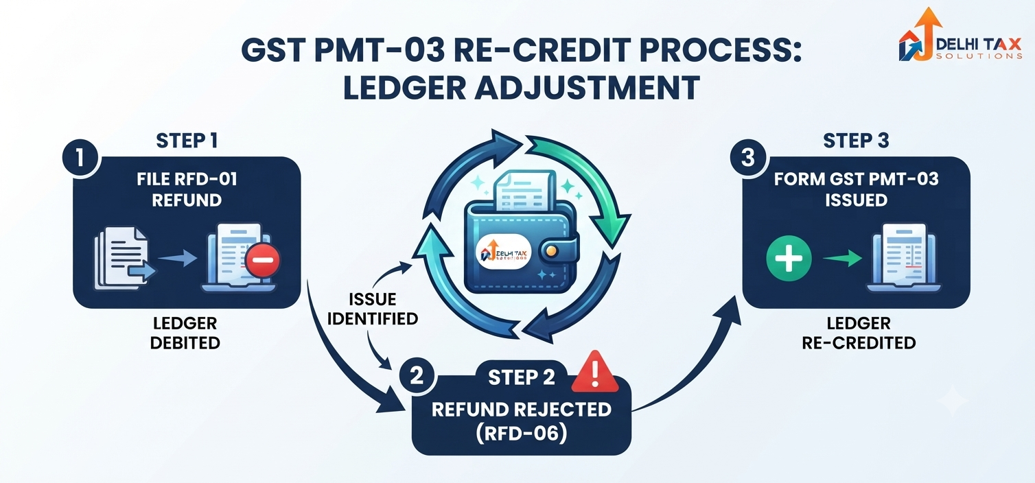 Vector infographic explaining Form GST PMT-03 and the re-credit process of rejected GST refunds.