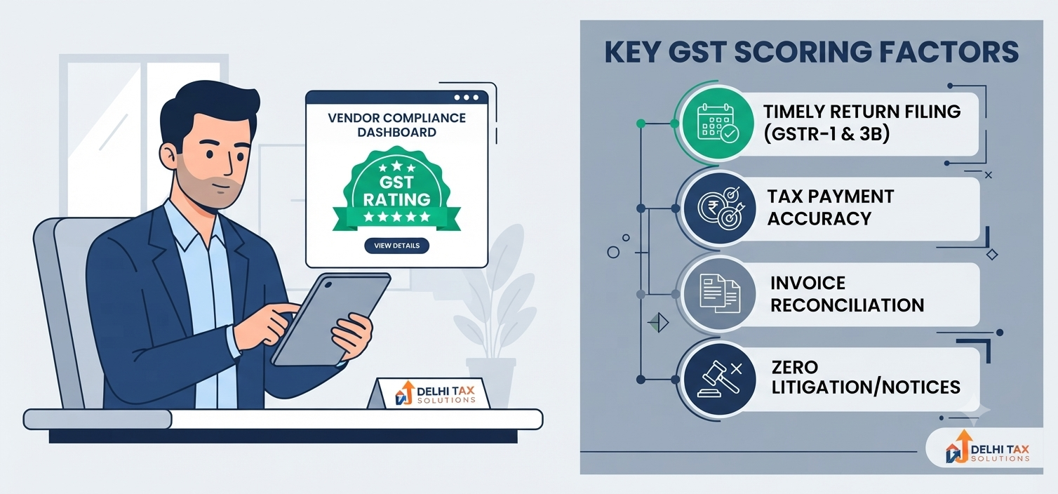 2D flat vector graphic detailing GST Compliance Rating parameters under Section 149 and its impact on vendor selection.