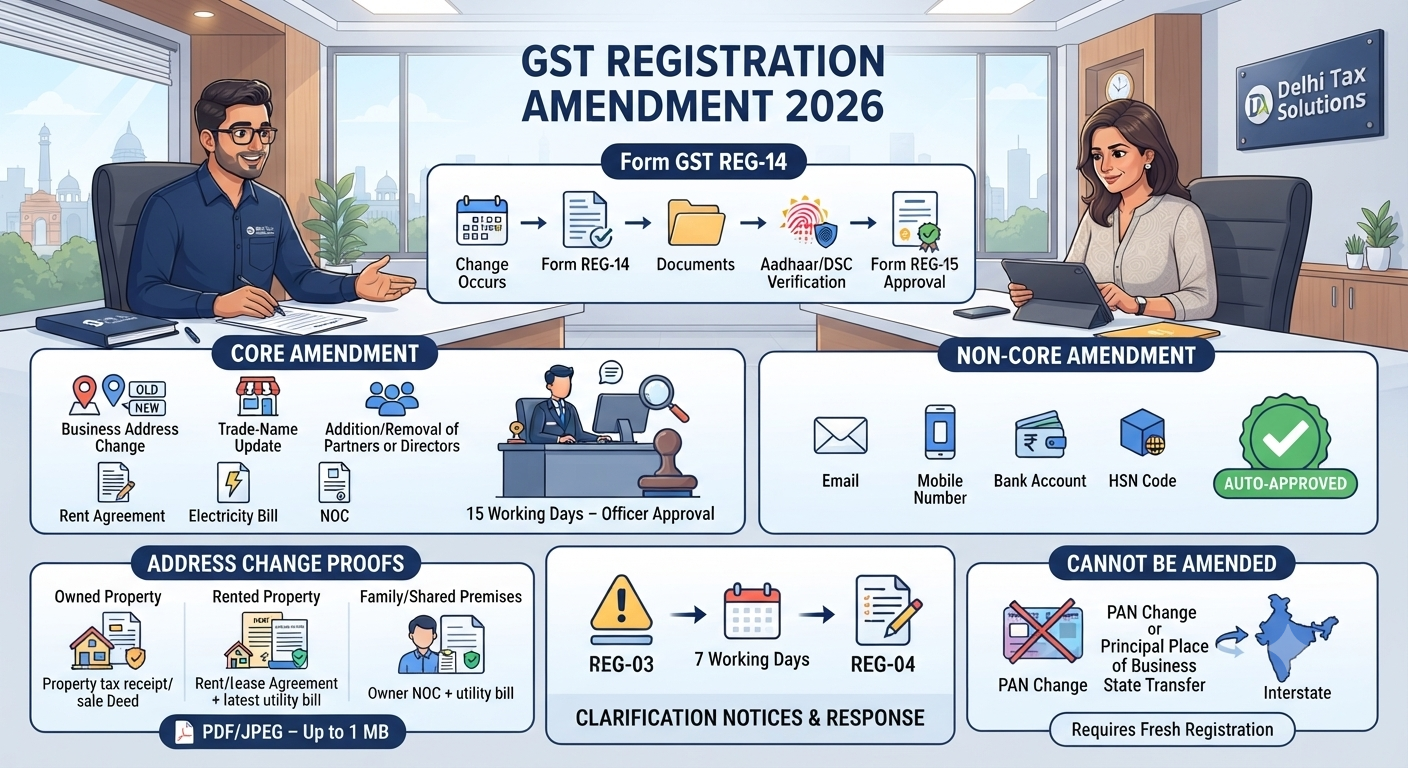 Indian Chartered Accountant explaining GST registration amendment, Form REG-14, core and non-core changes, address update, officer approval, Aadhaar authentication and documents