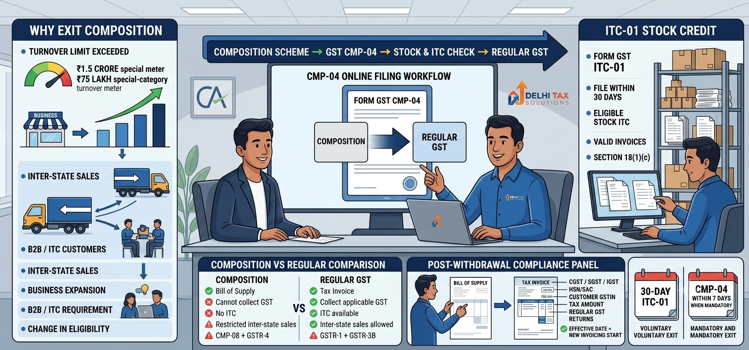 Indian Chartered Accountant explaining GST composition scheme withdrawal through CMP-04, ITC-01 stock credit, turnover limits and transition to regular GST