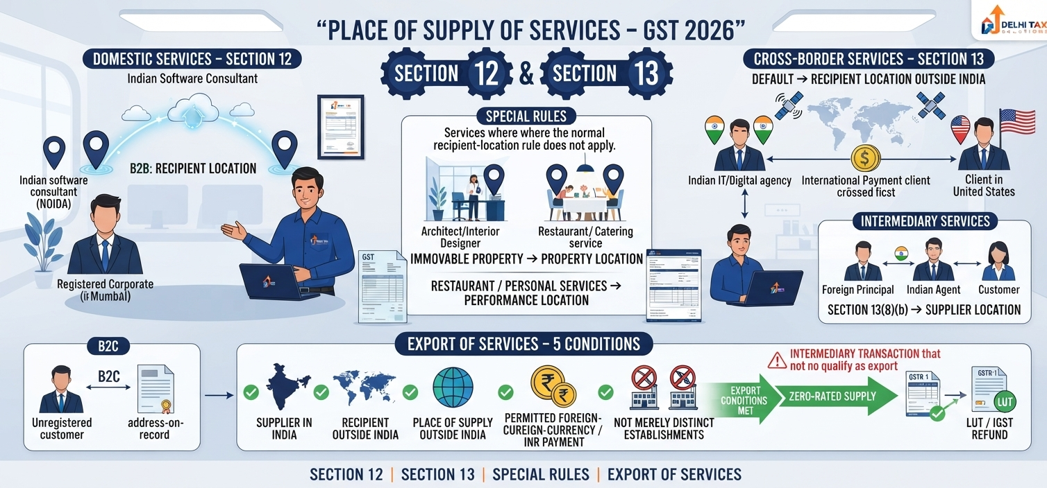 Indian Chartered Accountant explaining place of supply of services under GST 2026, Section 12, Section 13, domestic B2B, cross-border services and export conditions