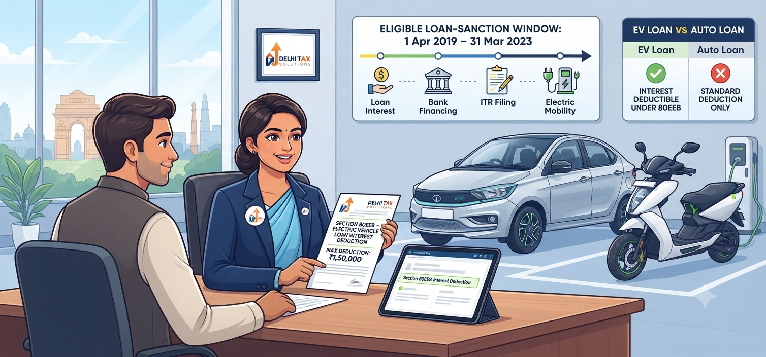 Electric vehicle loan tax benefit under Section 80EEB showing up to ₹1.5 lakh interest deduction for eligible EV loans