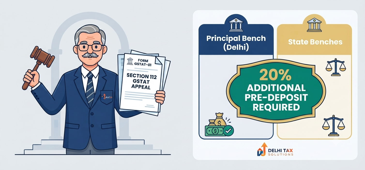 2D flat vector illustration of a tax advocate standing near a legal gavel alongside an infographic detailing the GSTAT bench structure and pre-deposit rules.