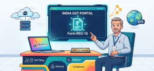 2D cartoon illustration of a foreign business owner filing OIDAR GST online