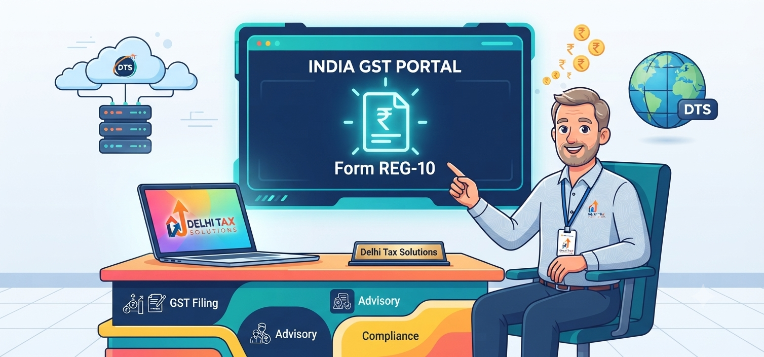 2D cartoon illustration of a foreign business owner filing OIDAR GST online