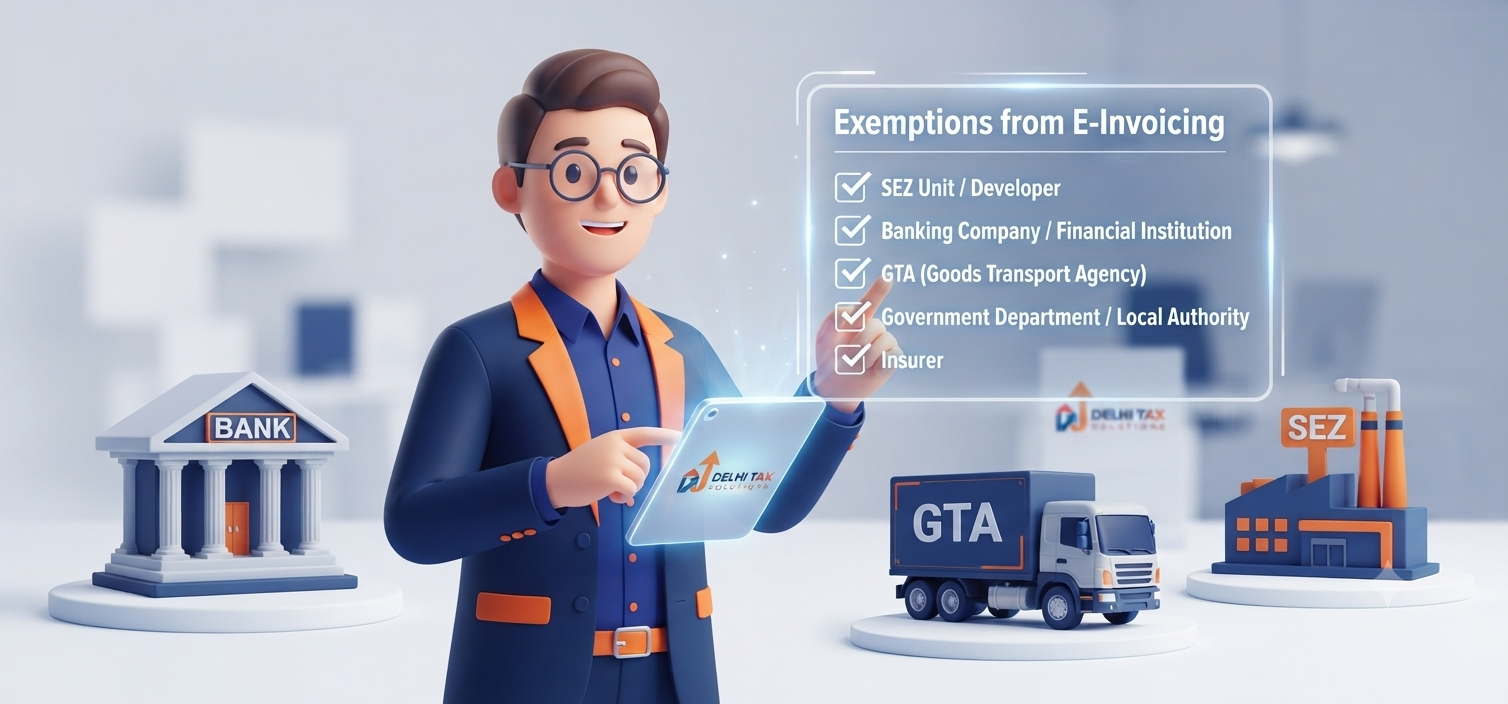 A modern 3D illustration featuring a professional tax consultant character explaining the sectors exempted from generating e-invoices, visually categorized with floating industry icons.