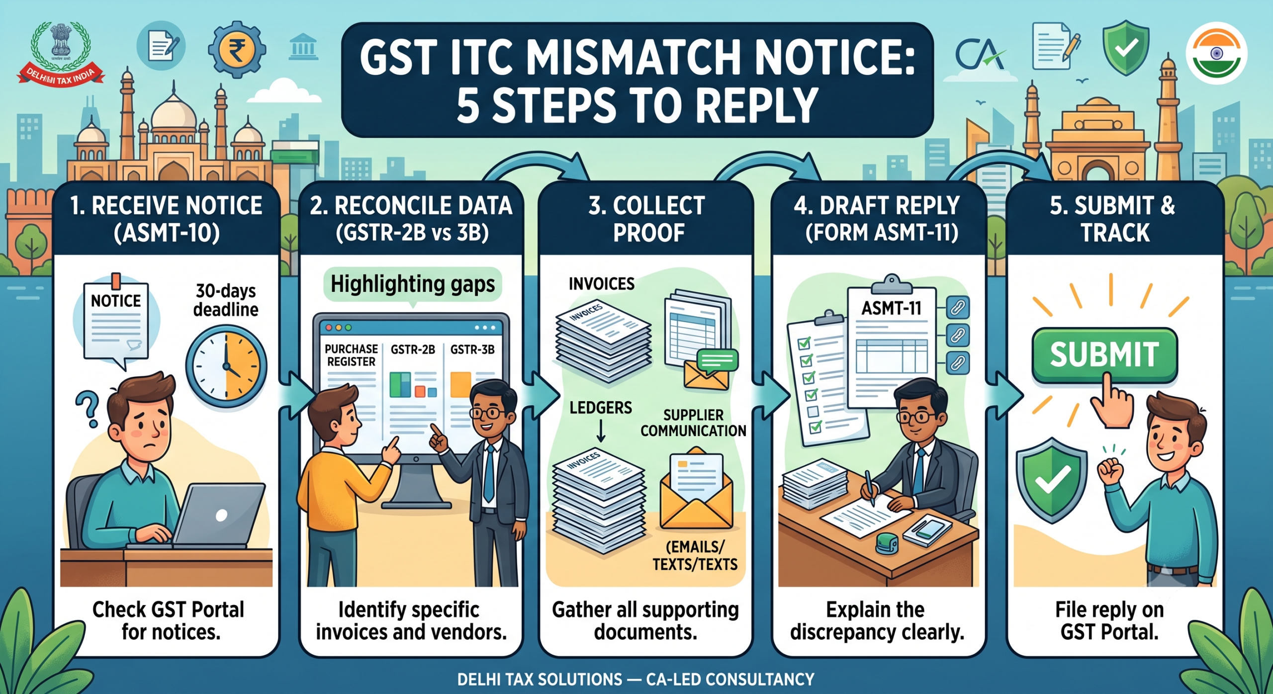 A Chartered Accountant's desk showing a laptop with GST portal reconciliation charts, ledgers, and a calculator, representing ITC mismatch resolution.