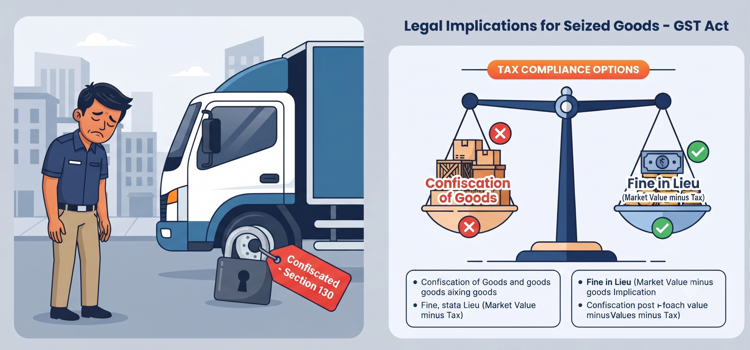 2D flat vector illustration of a confiscated delivery truck next to an infographic detailing Section 130 GST rules and fine calculations.