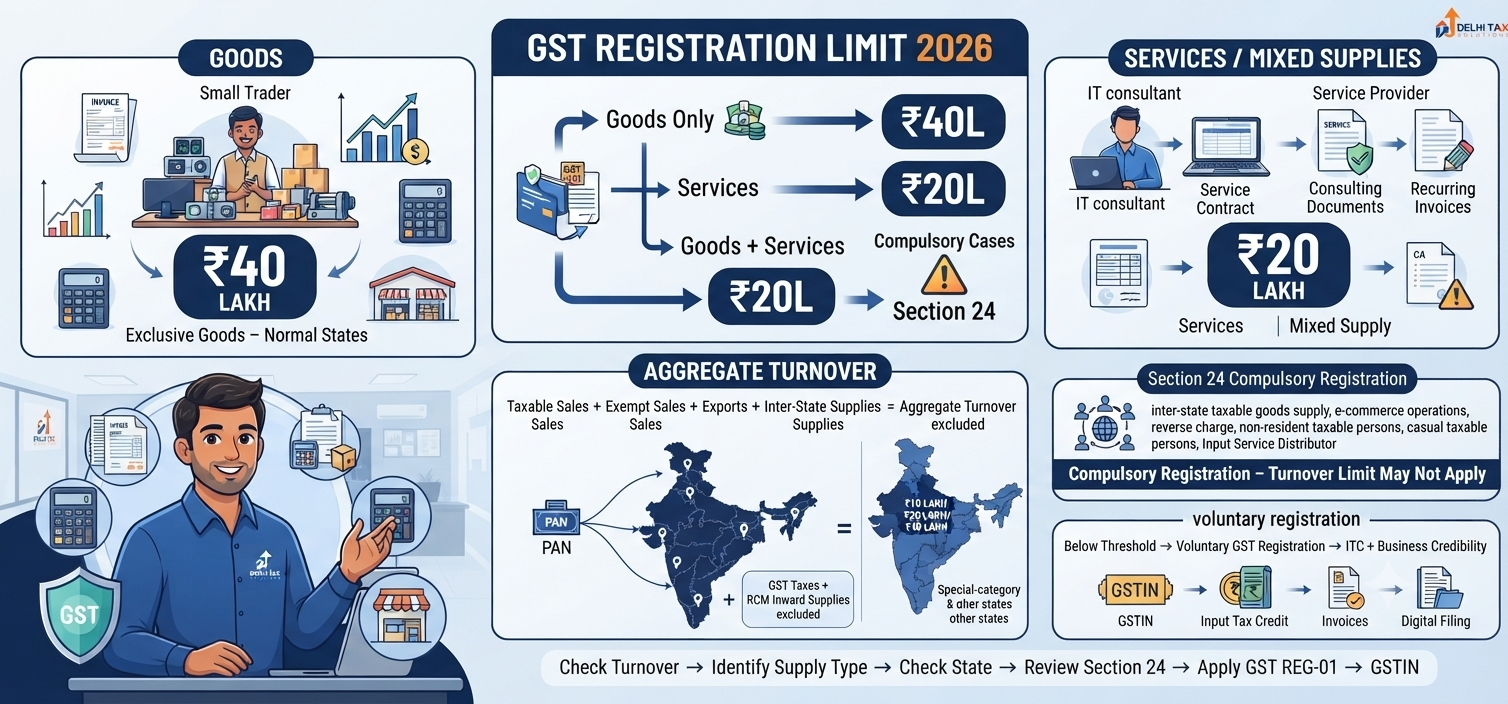 Indian Chartered Accountant explaining GST registration limits of ₹40 lakh for exclusive goods suppliers, ₹20 lakh for services and mixed supplies, aggregate turnover, and compulsory registration