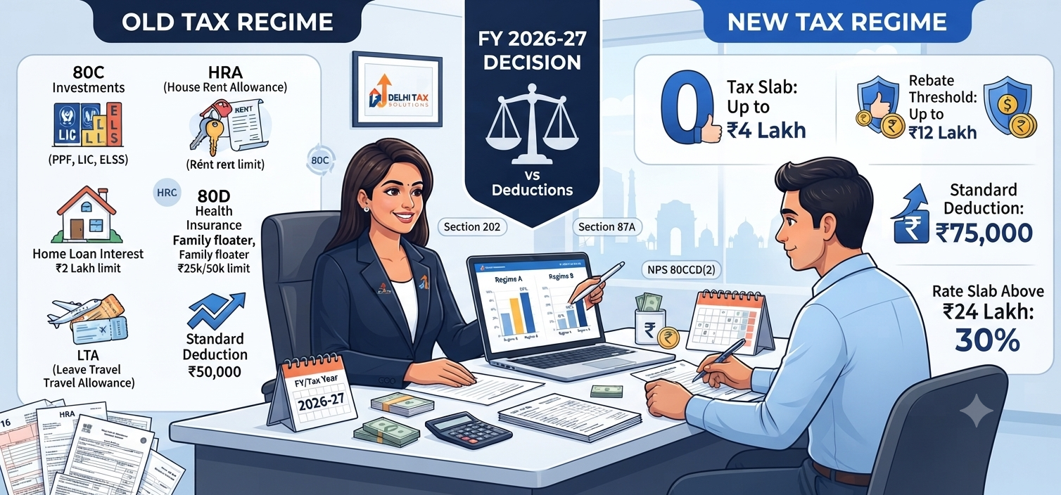 Old vs new tax regime FY 2026-27 comparison showing tax slabs, deductions, rebate, standard deduction and Form 10-IEA.
