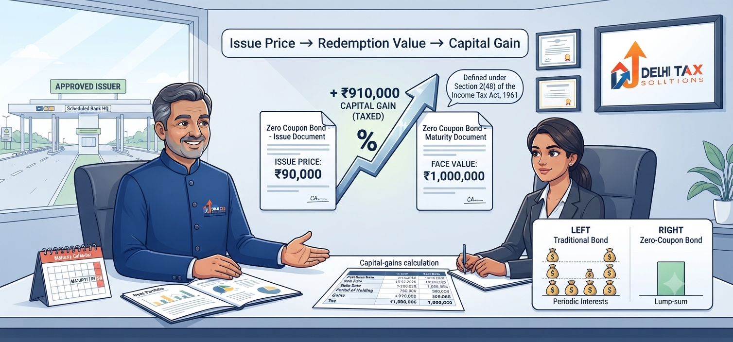 Indian investor discussing Zero Coupon Bond taxation, Section 2(48), capital gains, and redemption value with a Chartered Accountant