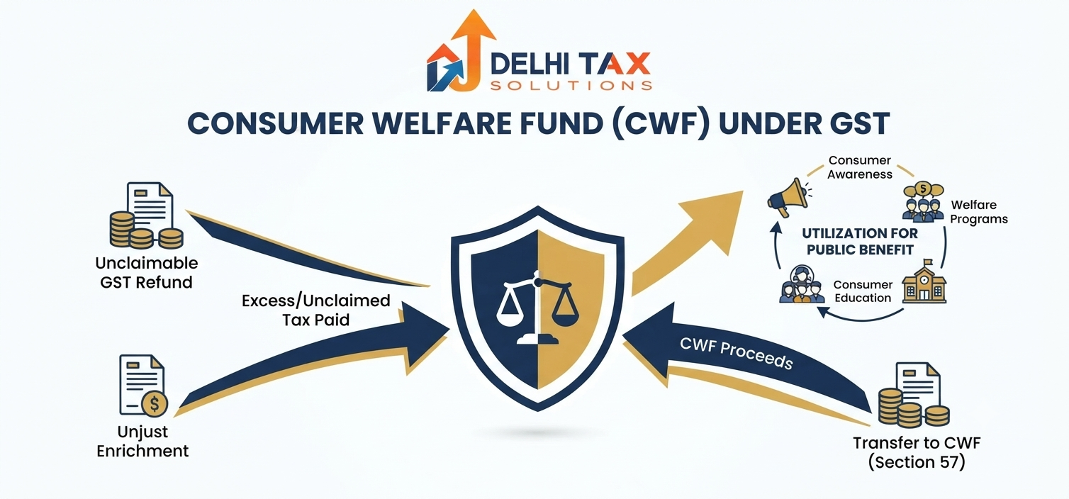 Vector infographic explaining the Consumer Welfare Fund under Section 57 of the CGST Act and unjust enrichment.