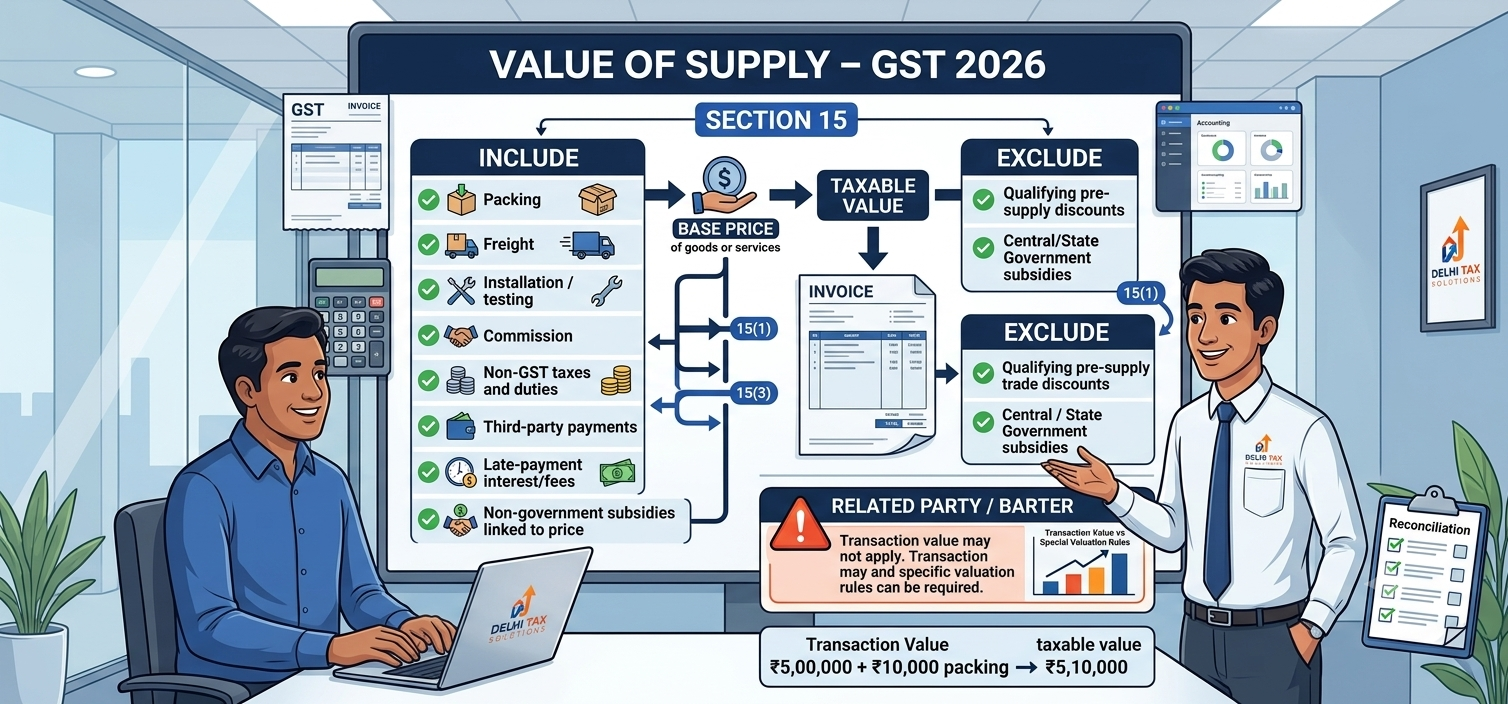 Indian Chartered Accountant explaining value of supply under GST Section 15, transaction value, packing and freight charges, trade discounts, subsidies and related-party valuation rules