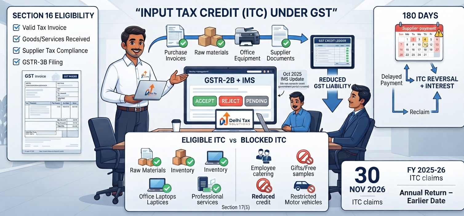 Indian Chartered Accountant explaining Input Tax Credit under GST, Section 16 conditions, GSTR-2B, IMS, 180-day payment rule and ITC deadline