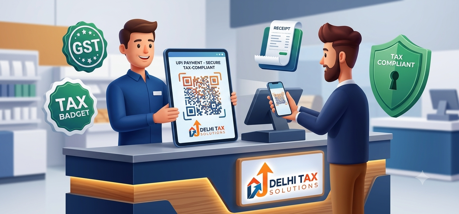 3D cartoonish illustration of a cashier presenting a dynamic QR code on a POS screen for B2C GST payment.