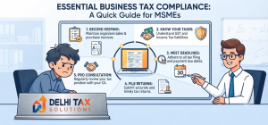 2D vector illustration of a tax professional and business owner reviewing Form 3CD changes for AY 2026-27 on a laptop.