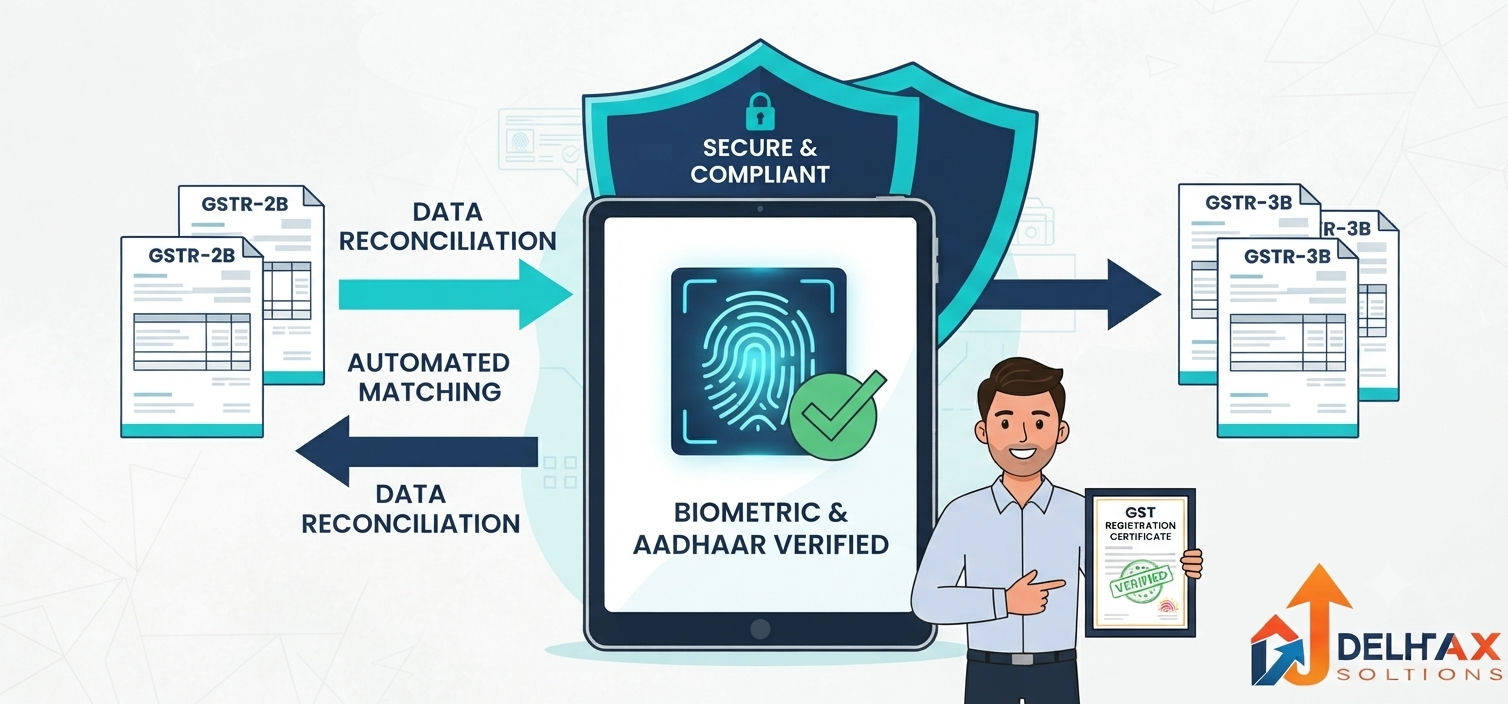 2D flat vector infographic showing biometric Aadhaar authentication and automated GSTR-2B Input Tax Credit matching under 57th GST Council rules.