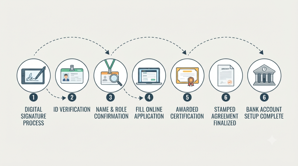 Horizontal 2D vector infographic flowchart showing step-by-step onboarding stages connected by dashed arrows, featuring icons for digital signature, ID verification, certification, and bank setup.