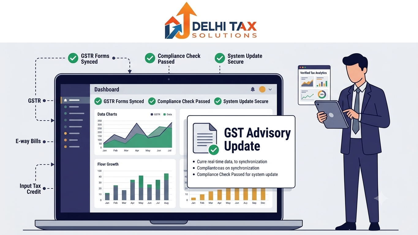 A clean digital illustration showing a comprehensive tax dashboard on a laptop. The screen features charts, data for GSTR, E-way Bills, and Input Tax Credit, and a 'GST Advisory Update' card[cite: 1]. A male tax advisor in a suit is reviewing analytics on a tablet next to the laptop, labeled 'DELHI TAX SOLUTIONS' at the top[cite: 1].