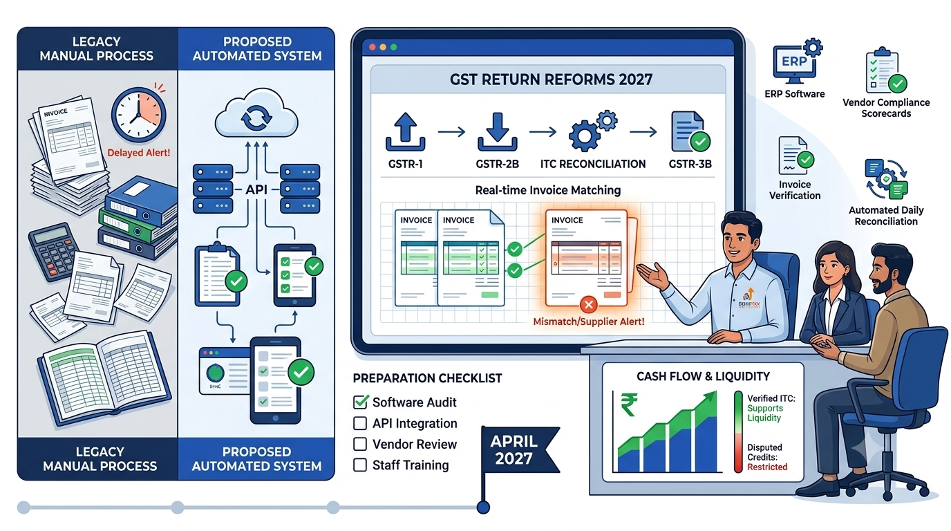 Indian Chartered Accountant explaining GST return reforms, GSTR-1 and GSTR-2B reconciliation, input tax credit matching, ERP integration and supplier compliance for 2027