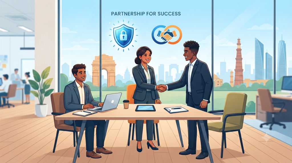 Illustrated corporate scene of three Indian business professionals shaking hands over a meeting table with a shield protection icon, interlinked partnership circles, and a Delhi skyline background.