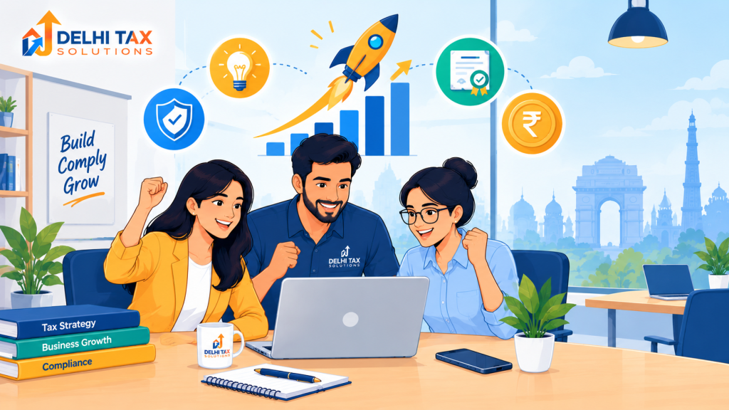 Three Indian startup professionals celebrating business growth with a rocket, rising bar chart, tax compliance shield, verified certificate, and rupee symbol