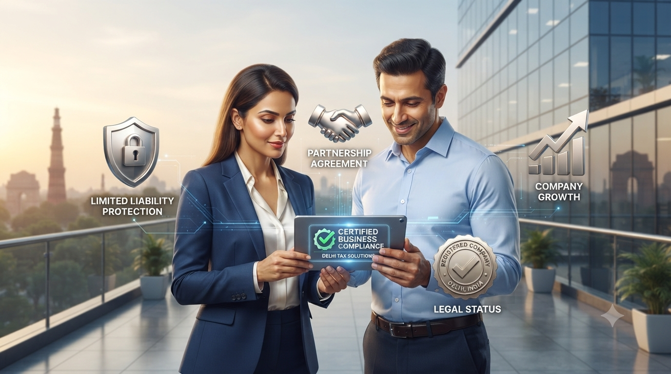 A professional corporate illustration showing an Indian businessman in a light blue shirt and an Indian businesswoman in a navy blazer standing on an office balcony overlooking a modern Delhi cityscape. They are both smiling and looking at a tablet held between them. The tablet screen displays a glowing 'CERTIFIED BUSINESS COMPLIANCE' badge with a green checkmark. Floating 3D icons and text labels surround them: on the left, a shield labeled 'LIMITED LIABILITY PROTECTION'; above the tablet, a handshake labeled 'PARTNERSHIP AGREEMENT'; on the right, an upward bar chart labeled 'COMPANY GROWTH'; and below the tablet, an official seal labeled 'LEGAL STATUS'. Glowing lines connect all elements. The overall scene represents reliable corporate, tax, and legal advisory services.