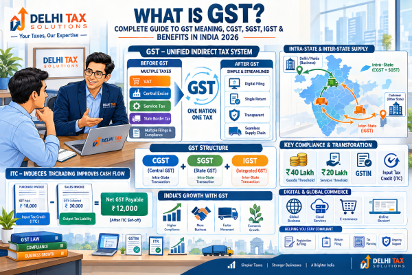 Indian Chartered Accountant explaining GST meaning, CGST, SGST, IGST, ₹40 lakh and ₹20 lakh registration thresholds, and Input Tax Credit