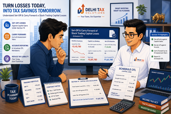 Cartoon illustration of an Indian stock market investor consulting a Delhi Tax Solutions advisor about capital loss set-off rules, Section 74, and Schedule CFL.