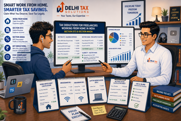 Cartoon illustration of an Indian remote freelancer consulting a Delhi Tax Solutions advisor about home office tax deductions, Section 44ADA, and GST rules.