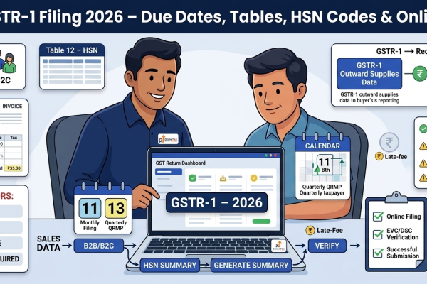 Indian Chartered Accountant explaining GSTR-1 filing in 2026, monthly and quarterly due dates, B2B and B2C sales, HSN Table 12 and online GST return filing