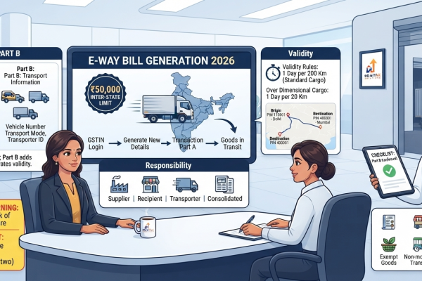 Indian Chartered Accountant explaining the 2026 e-way bill generation process, ₹50,000 limit, Part A and Part B, EBN and validity rules